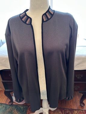 Ming Wang Gray Open Front Knit Jacket with Striped Trim
